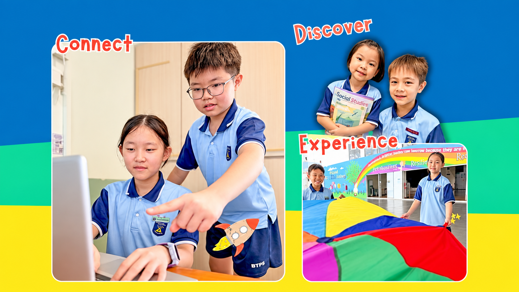 Students participate in learning, reading, and collaborative play activities, reflecting the themes of connection, discovery, and hands-on experience in school.